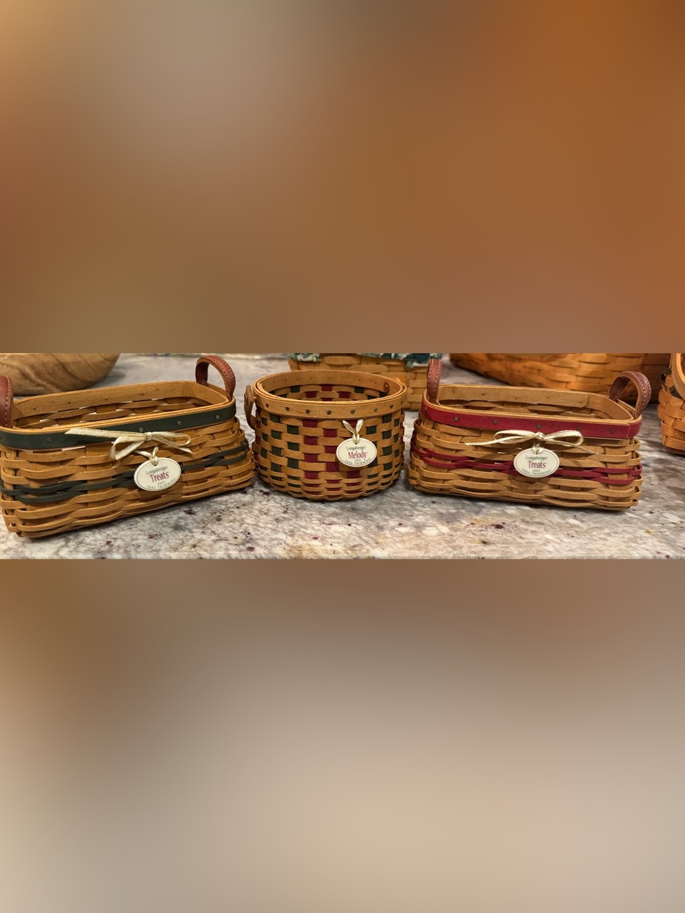 3- Longaberger Melody Woven Accent Basket in Natural with Red & Green Accents